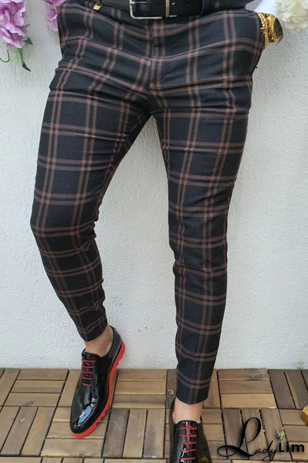 Navy Blue Fashion Casual Plaid Split Joint Mid Waist Pencil Bottoms