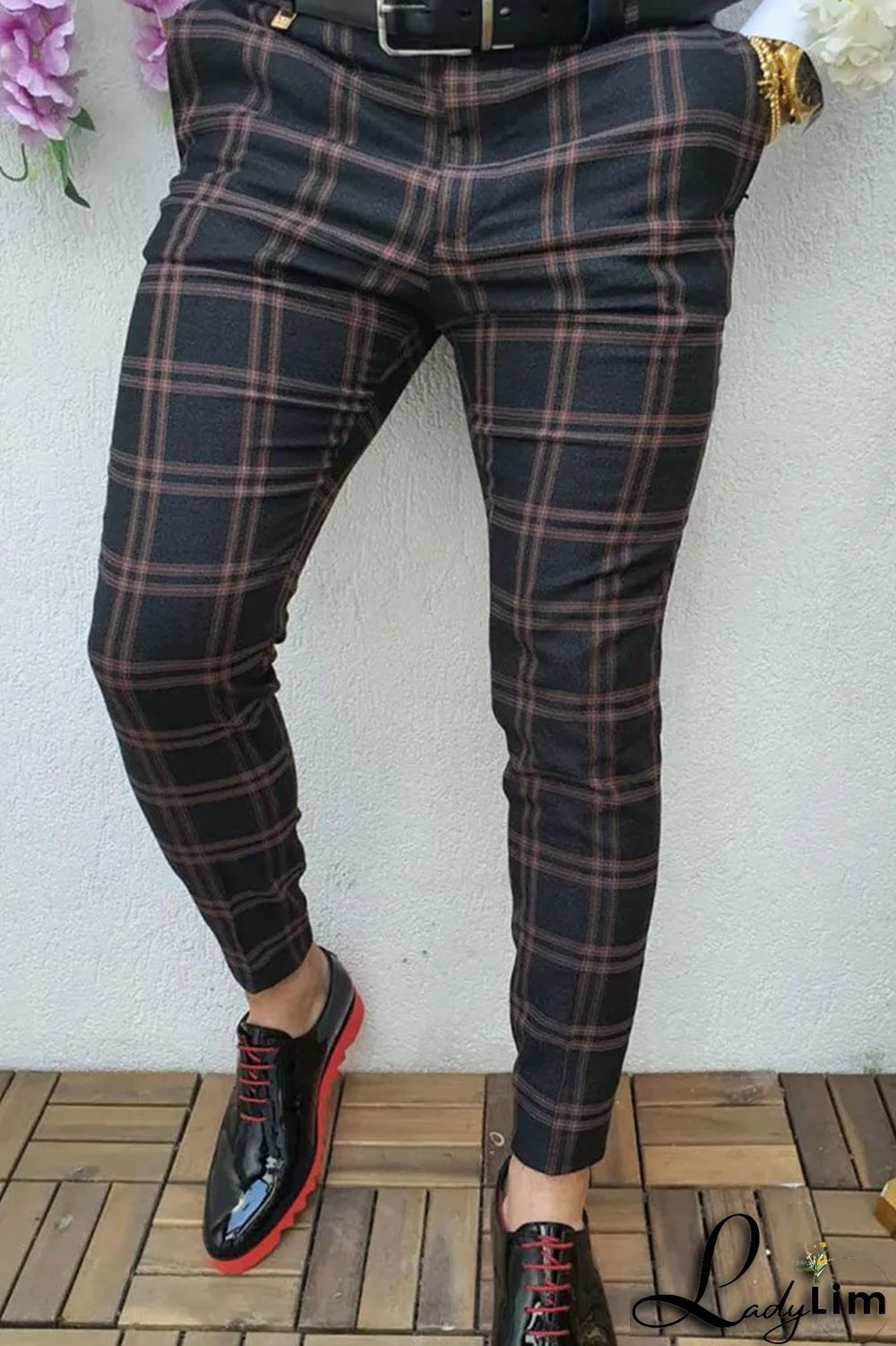 Navy Blue Fashion Casual Plaid Split Joint Mid Waist Pencil Bottoms