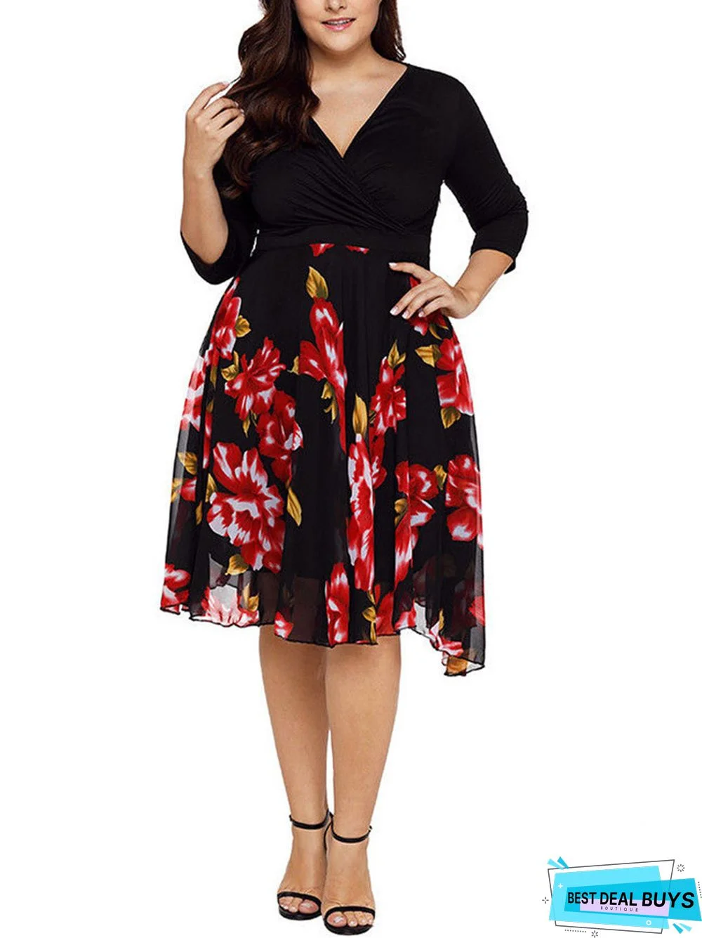 V-Neck Digital Print Short Sleeve Dress