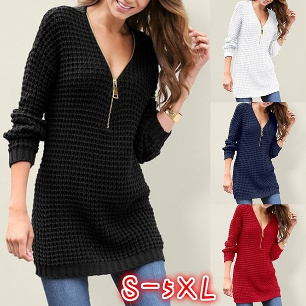 New Fashion Black Zipper V-neck Long Sleeve Casual Knitted Pullover Red Sweater Long Sweater for Women Plus Size S-5XL - Shop Trendy Women's Fashion | TeeYours