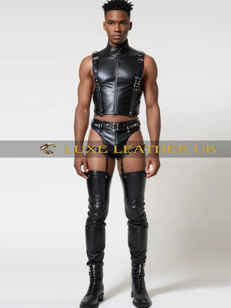 pornhint Pornhint Men's Black Leather Fetish Harness Set - Strappy Zip Up Vest - Open Back Chaps - Thong Brief And Leg Garter Straps - Erotic Clubwear Costume bdsm outfit men