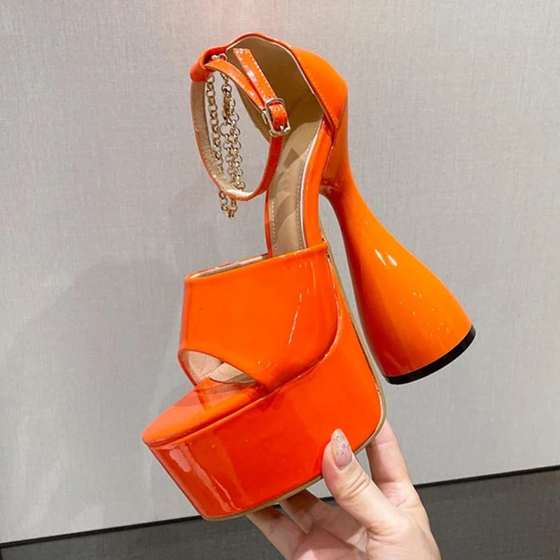 New Brand Orange Green Patent Leather Platform Sandals Fashion Big Fish Peep Toe Club  Thick-Soled Strange High Heels Danc Shoes