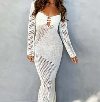 Ueong Women's Fall 2023 New Hollow Out Long Sleeve Knit Low-Cut Sexy Backless Dress