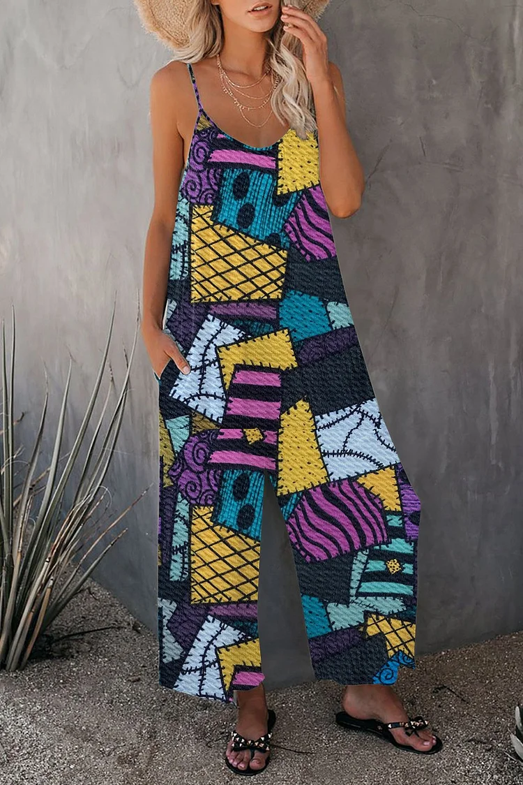 Vintage Halloween Nightmare Print Wide leg Jumpsuit with Pockets