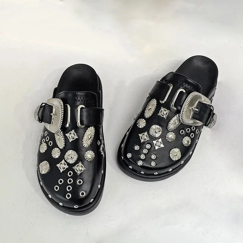 PENERAN 2023 Summer Women Slippers Platform Rivets Punk Rock Leather Mules Creative Metal Fittings Casual Party Shoes Female Outdoor