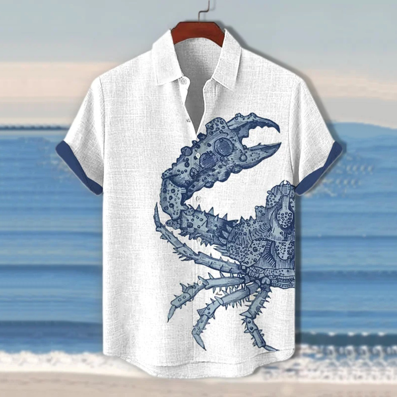 Japanese Art Crab Pattern Linen Blend Shirt