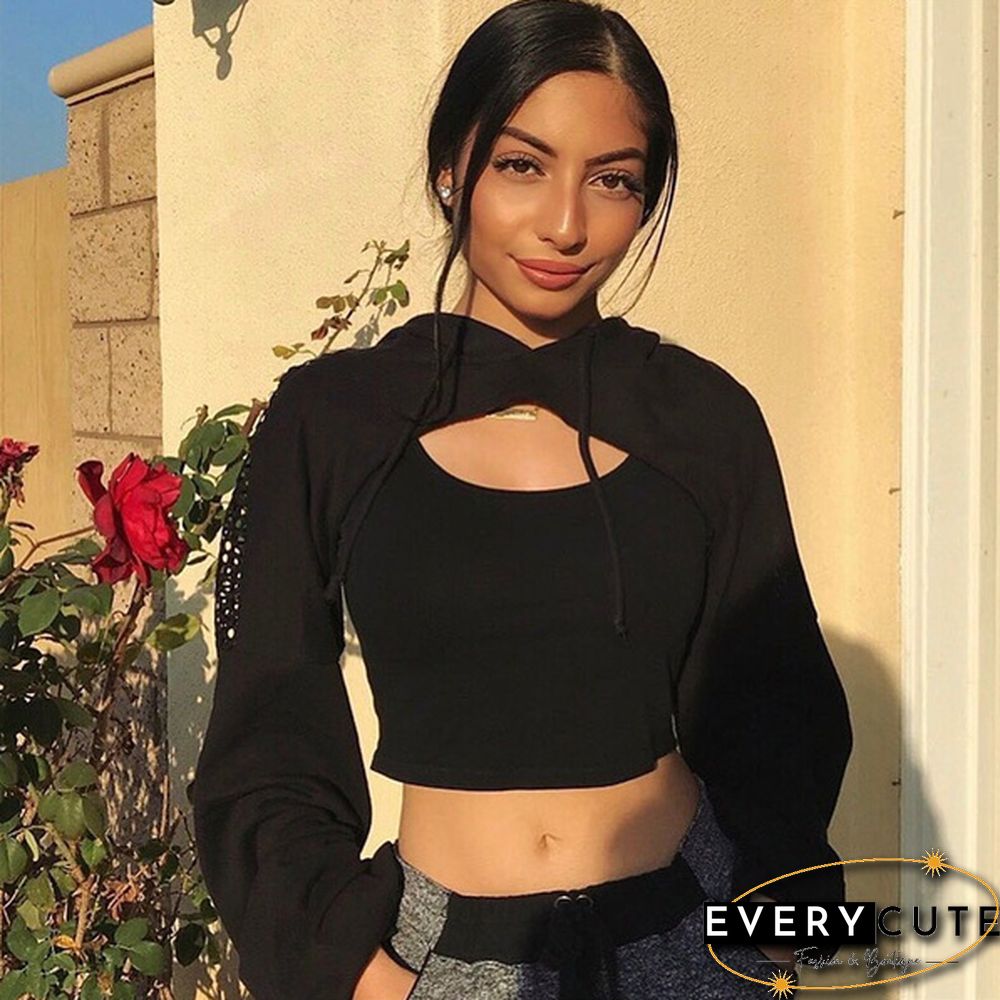 Women Long Sleeve Black Bustier Crop Top Mesh Harajuku Hiphop Loose Leopard Hoodie Sweatshirt Clubwear Tie Dye Top