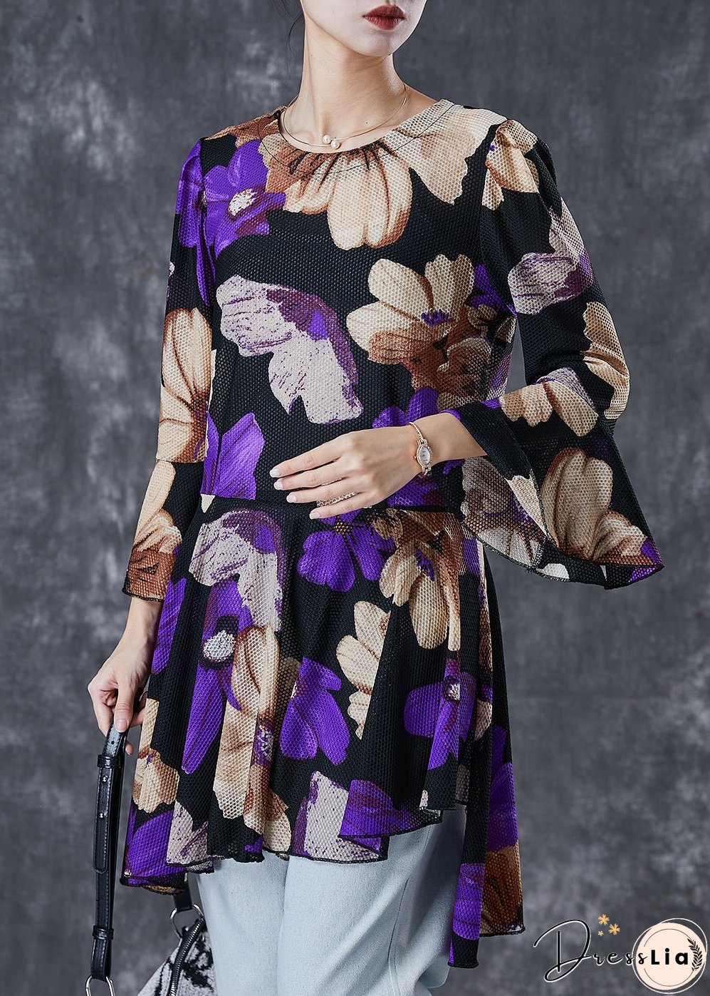 Purple Print Tulle Blouse Tops Exra Large Hem Flare Sleeve