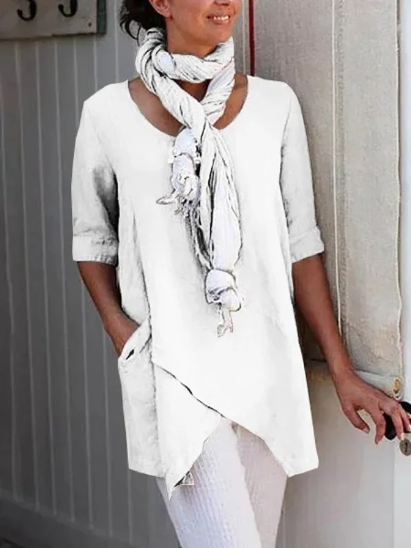 Women Solid Asymmetrical Hem Pockets Half Sleeve Casual Plus Size Tunic Top