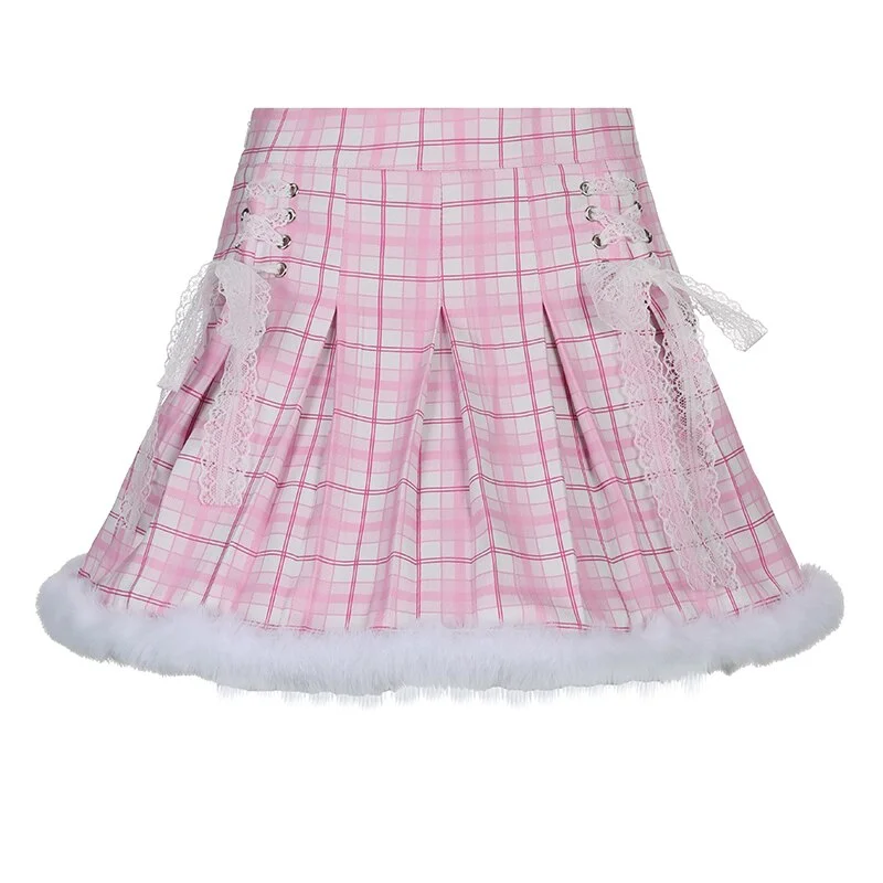 Wongn IAMHOTTY Y2K Plaid Print Pleated Skirt High-waisted Lace Up Feather Patchwork Kawaii A Line Short Skirts Pink Lolita Japanese