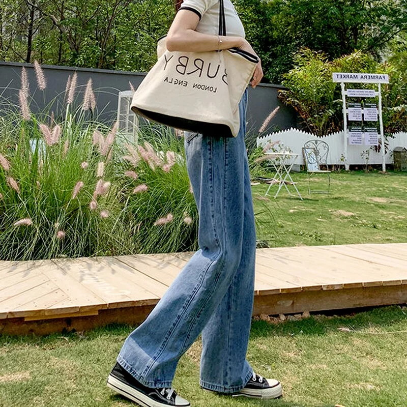 Jeans Women High Waist Wide Leg Vintage Korean Harajuku Style All-match Denim Clothing Chic Leisure Pockets Zipper Simple Solid