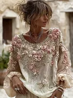 Women's Vintage Rose Embroidery Art Round Neck Long Sleeve Linen Blend T-shirt