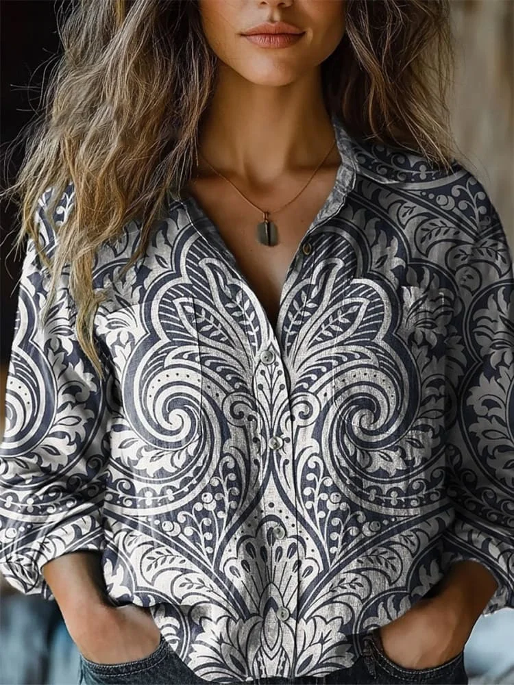 Womens Abstract Art PatternPrint Casual Long Sleeve Comfortable Cotton Shirt