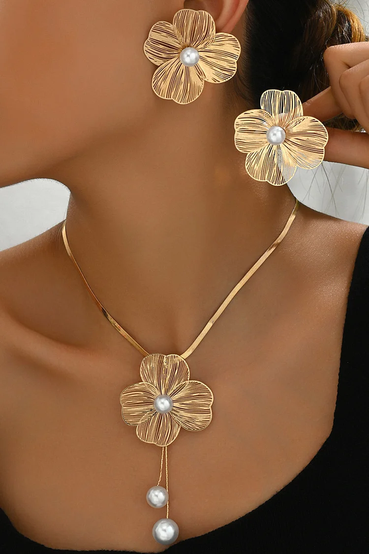 Wedding Flowers Inlaid Pearls Earring Necklace Jewelry Set 2024 - Xpluswear