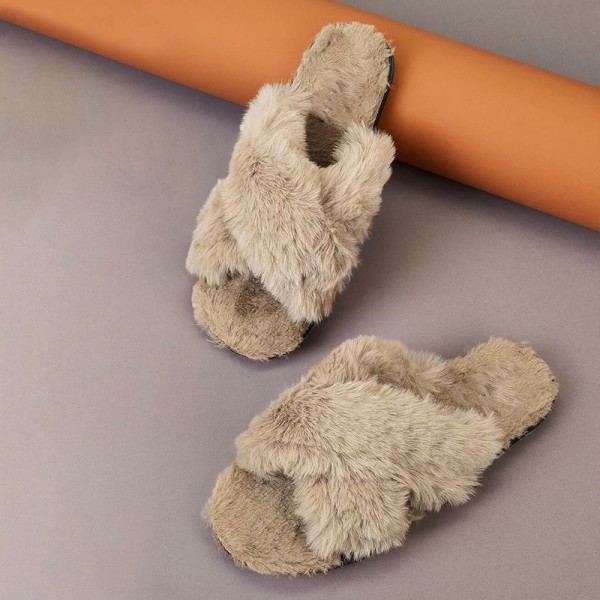 Taupe Open Toe Criss-Cross Strap Furry Flat Slide Sandals Nicepairs