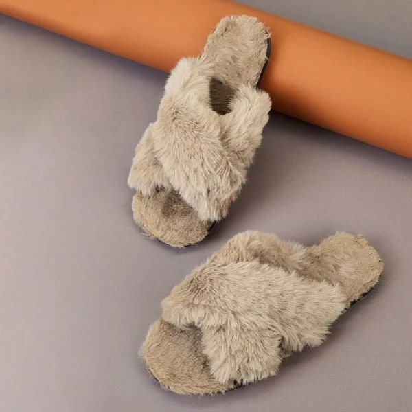 Gray Furry Women's Slide Sandals Nicepairs