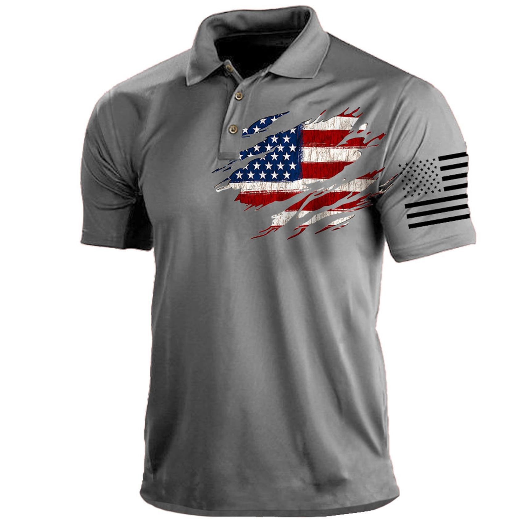 Men's American flag printed button T-shirt PLUSCLOTHESMAN