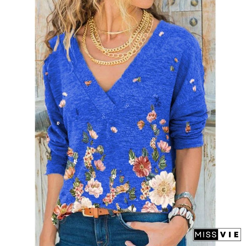 V-Neck Flower Printed Long-Sleeved Shirt