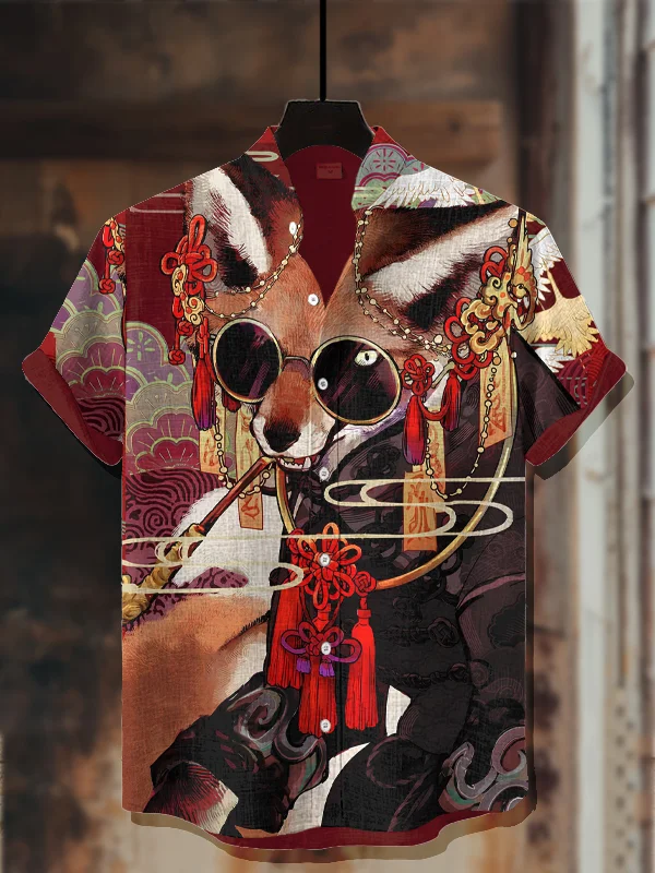 Men's Mysterious Fox Smoking A Pipe Art Print Casual Shirt