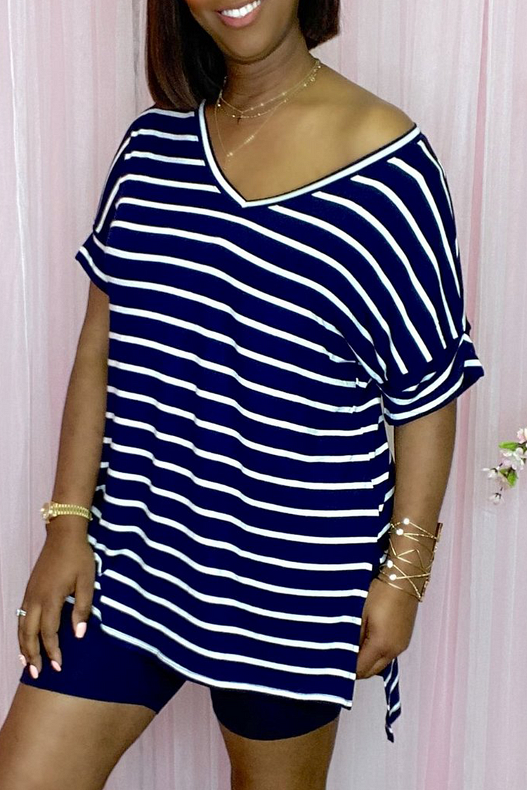 Casual Striped Split Joint V Neck Short Sleeve Two Pieces - Shop Trendy Women's Clothing | LoverChic