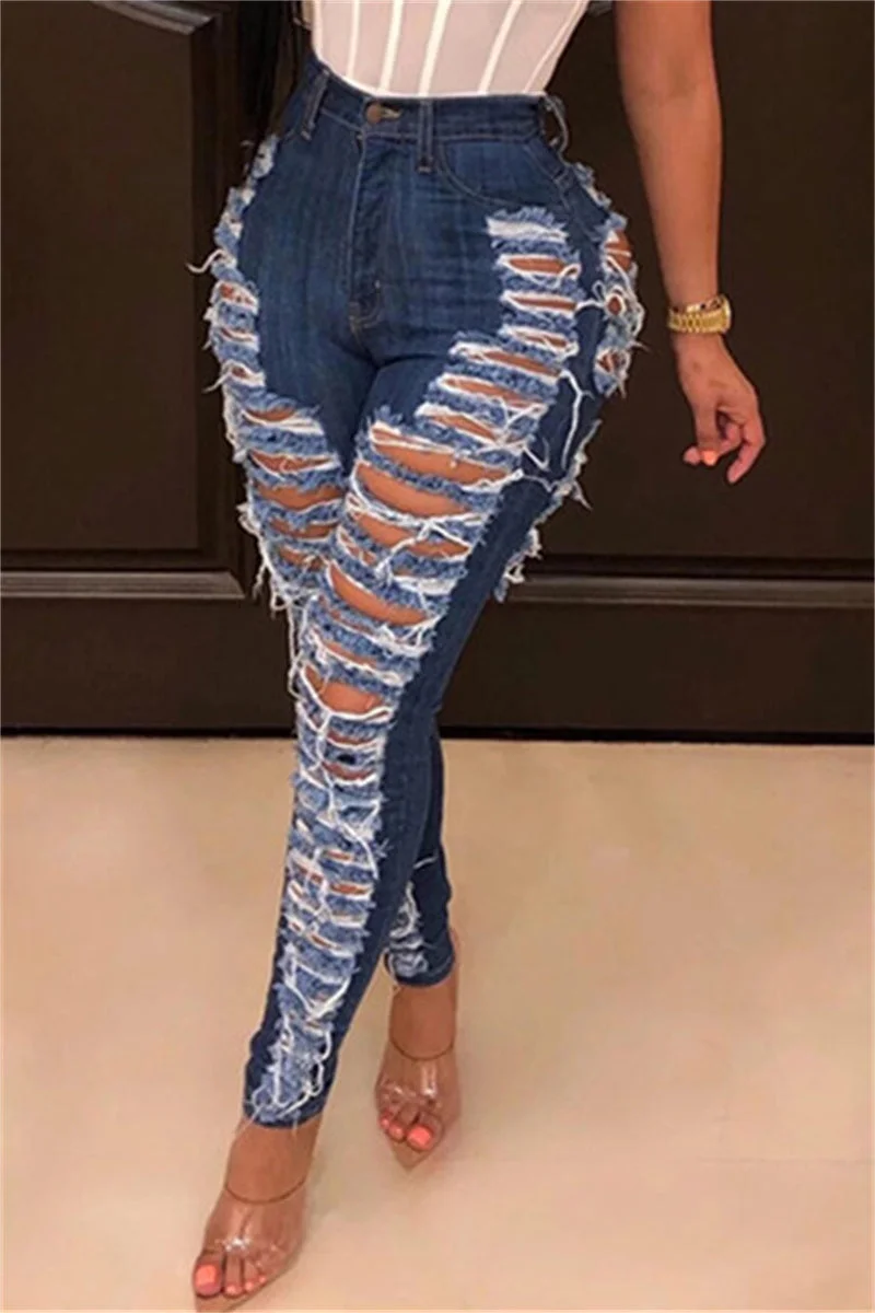 Fashion Casual Solid Ripped High Waist Skinny Denim Jeans