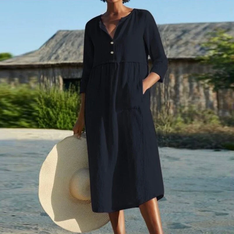 New Autumn Linen Cotton Half Sleeve Dress Women V Neck Button Midi Dress Casual Female Solid Loose Pocket Dress Oversize 5XL