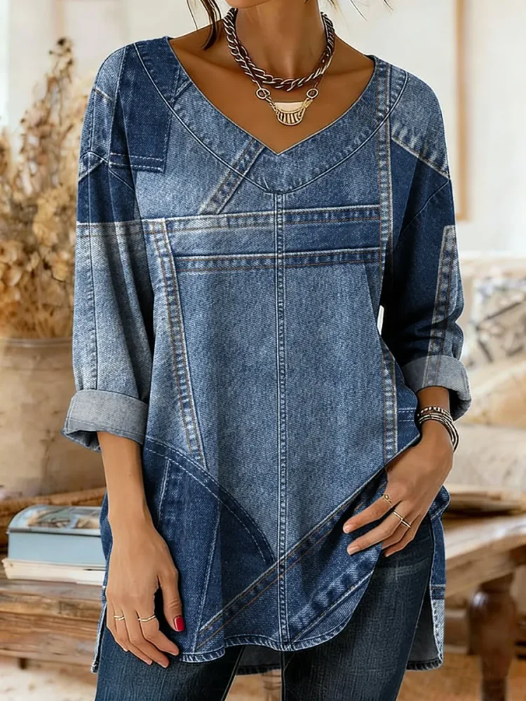 Women's Denim-colored Patchwork Pattern Art Print Casual Washed Denim Cotton Shirt