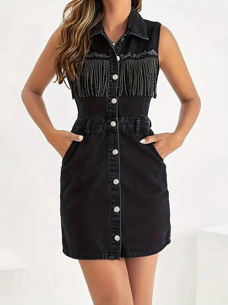 Fringe Detail Button-Front Mini Dress