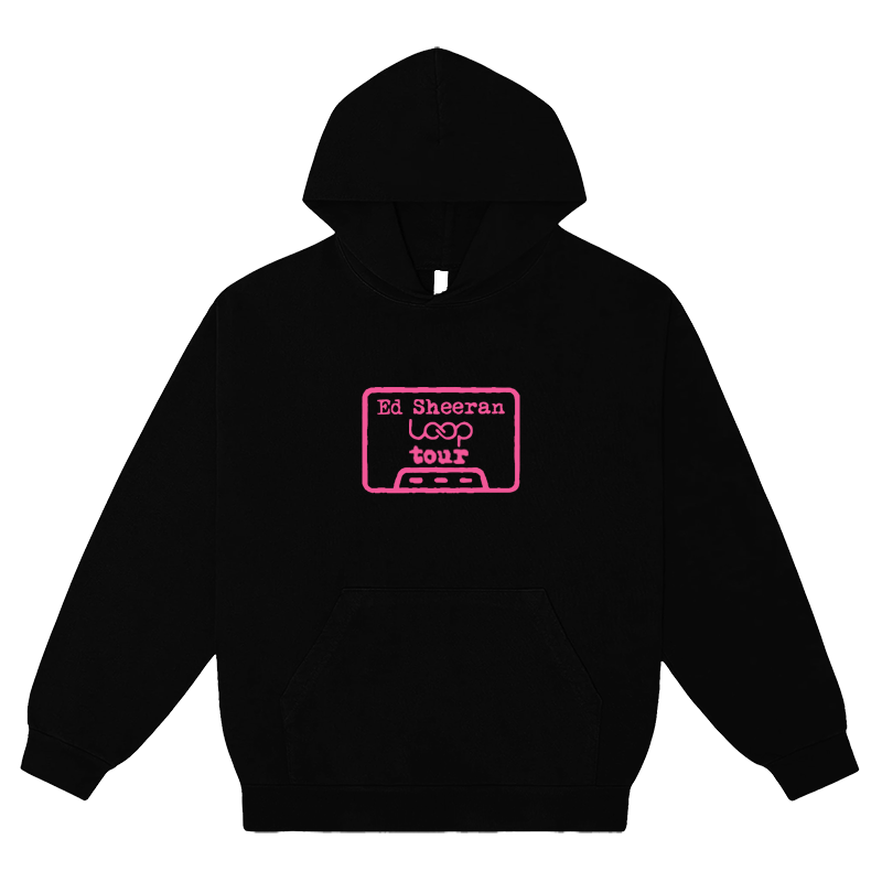 "Ed Sheeran Loop Tour black graphic hoodie front and back view with pink tour print"