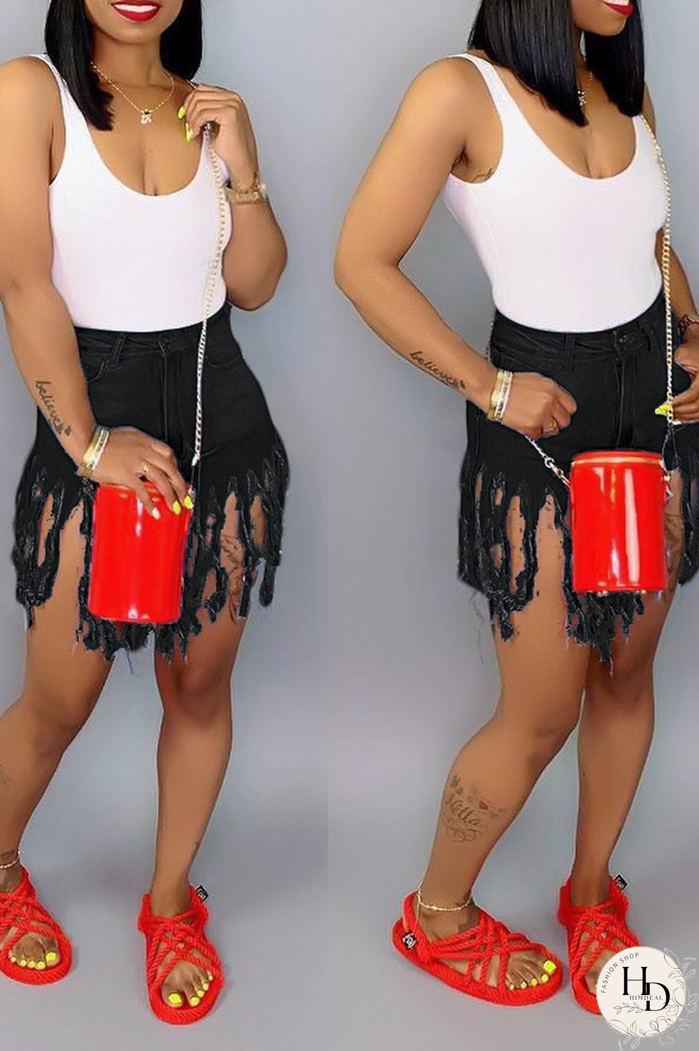 Blue Denim Button Fly Zipper Fly Mid Solid Patchwork Tassel Straight shorts