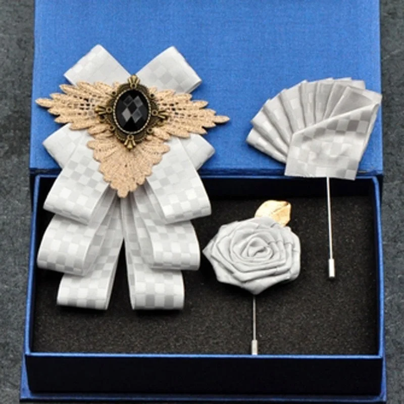 Fashion New Casual Multilayer Bowtie Diamond Brooch Rhinestone Red Bow Tie Brooch Set Wedding Groom Groomsmen Pocket Square Men