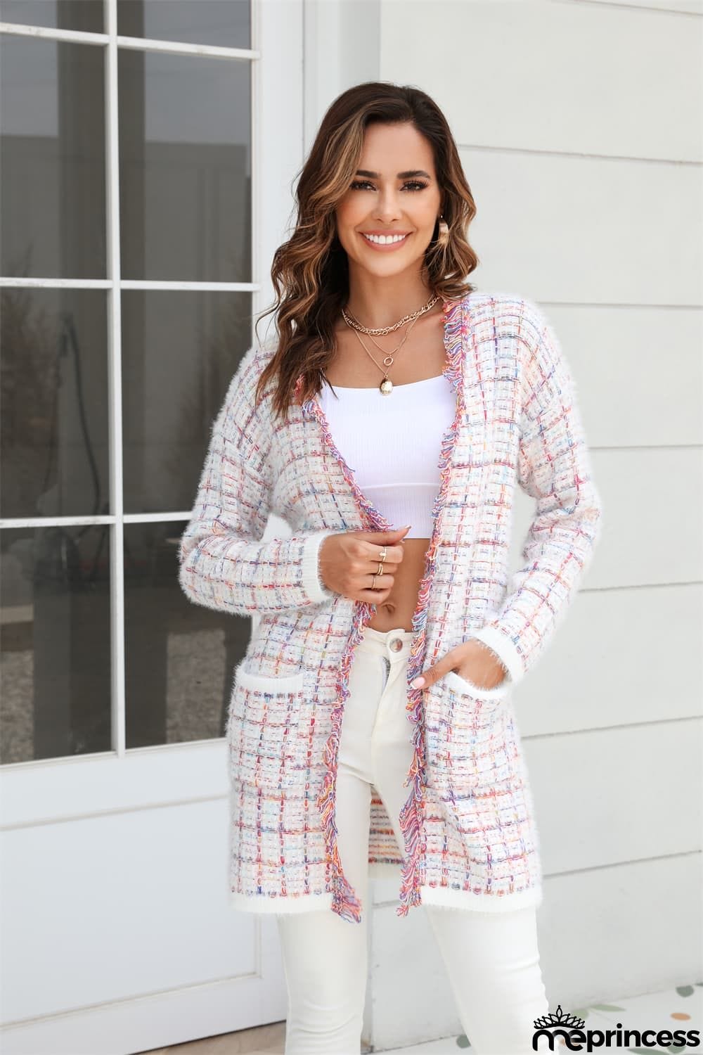 Plaid Fringe Trim Open Front Longline Cardigan