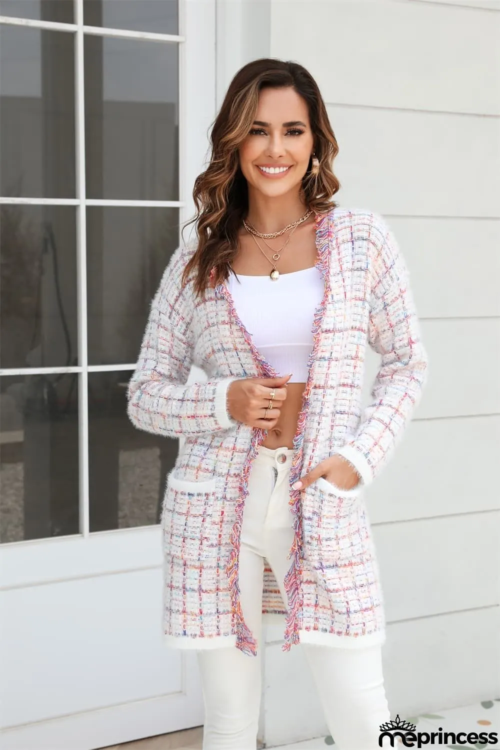 Plaid Fringe Trim Open Front Longline Cardigan