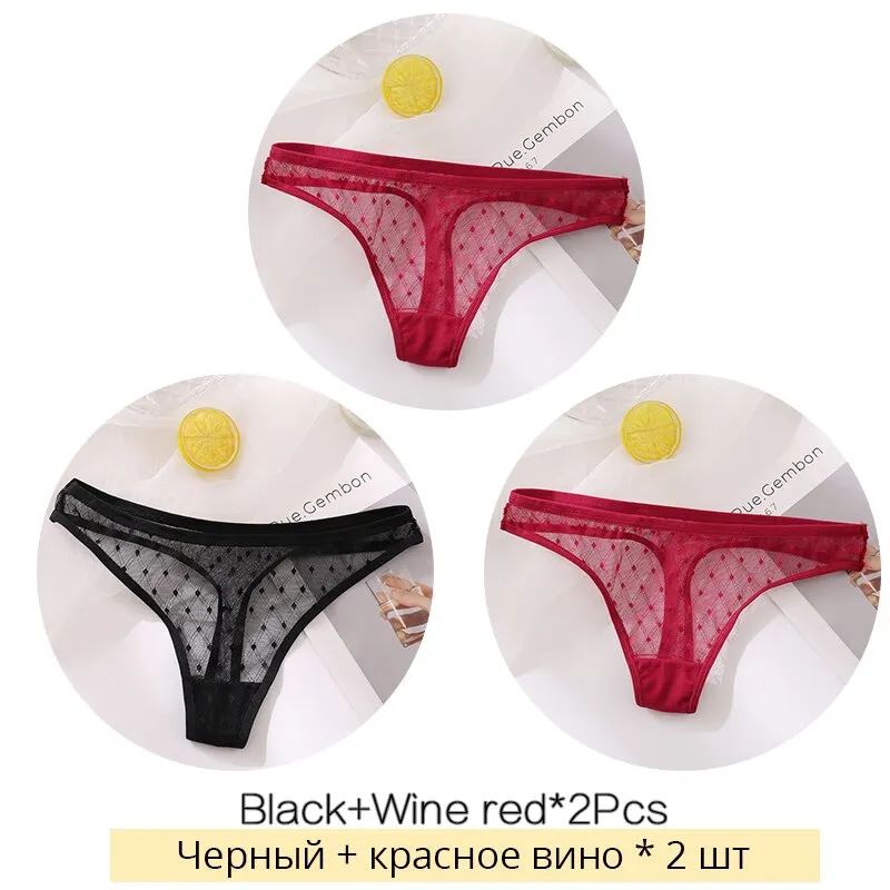 FINETOO Sexy Lace Thongs Women 3Pcs/set Transparent G-string Panties Dots Lace T-back Underwear Fashion Female Underpants M-XL
