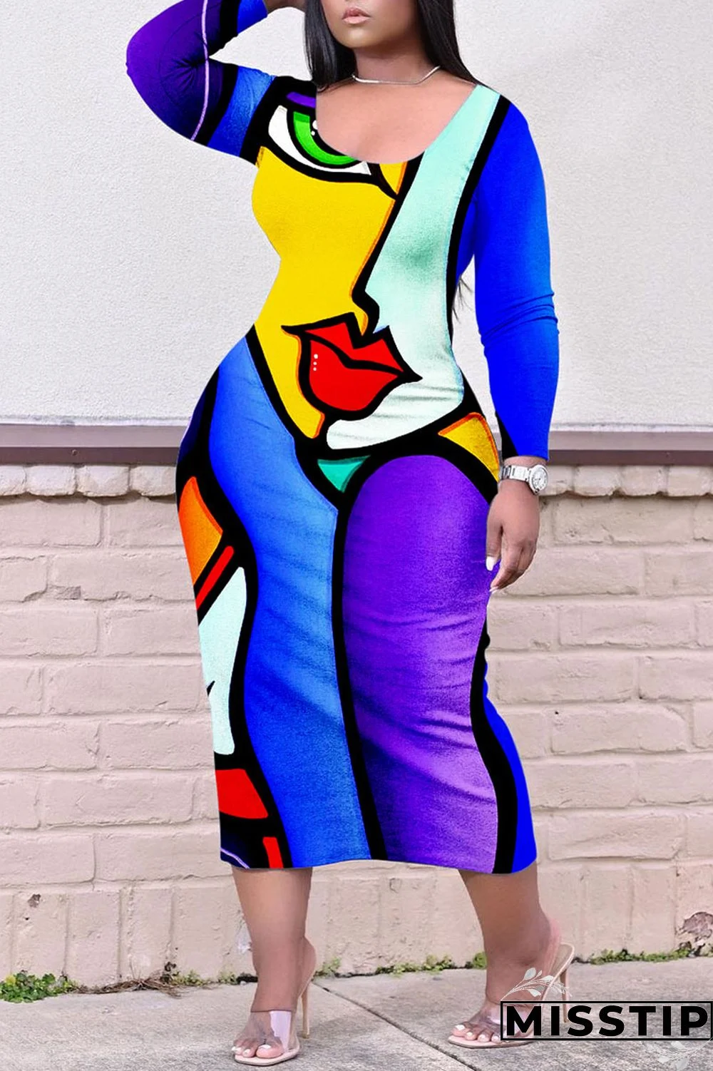 Colour Casual Print Patchwork O Neck Straight Plus Size Dresses