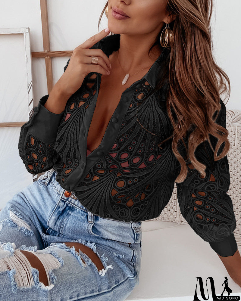 MidiSono - Elegant Long Sleeve Lace Hollow Shirt