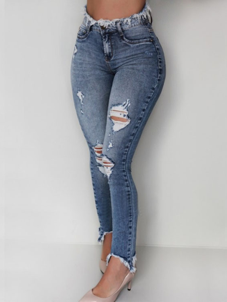 Women Sexy Vintage Ripped Hole Pencil Long Pants Jeans