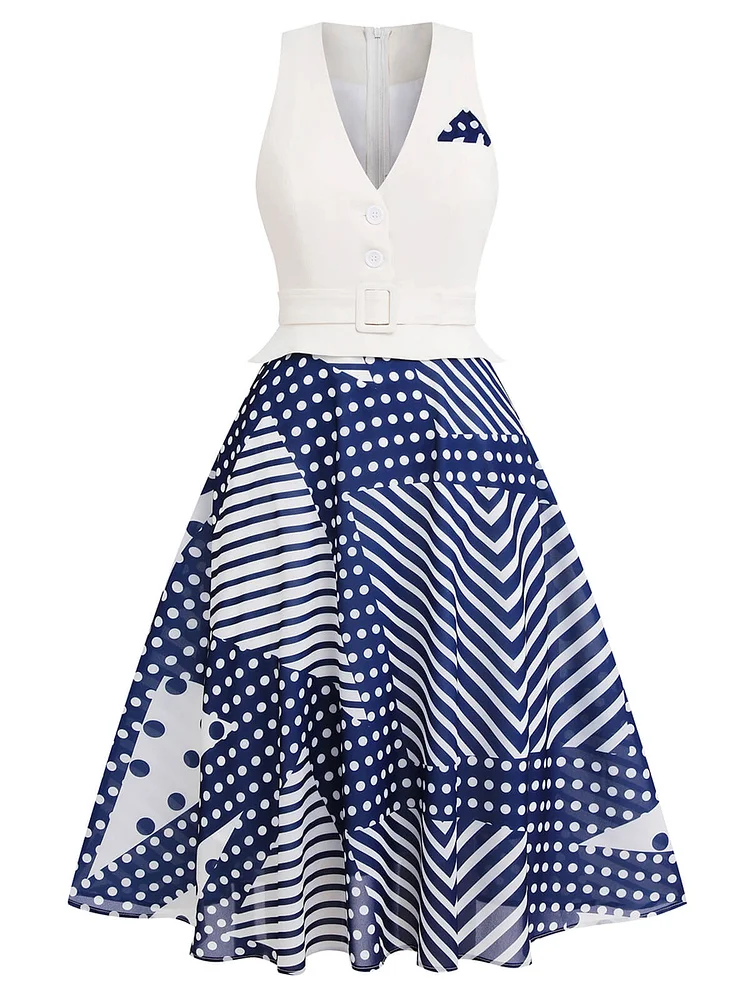 [Pre-Sale] Blue White 1950s Stripe Dots Dress