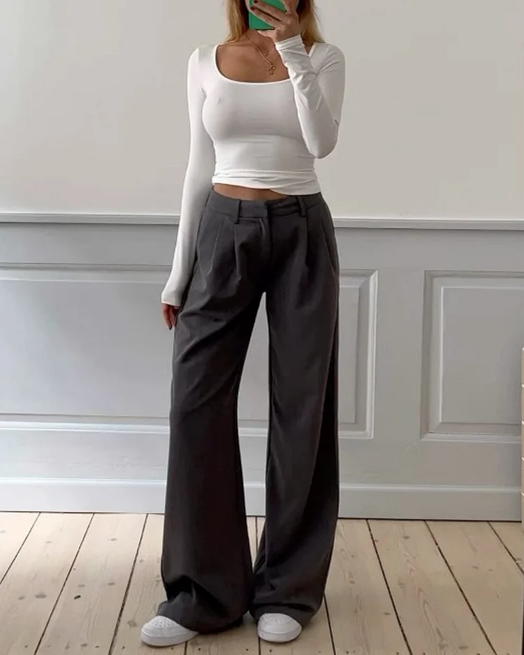 Long-sleeved casual solid color two-piece set