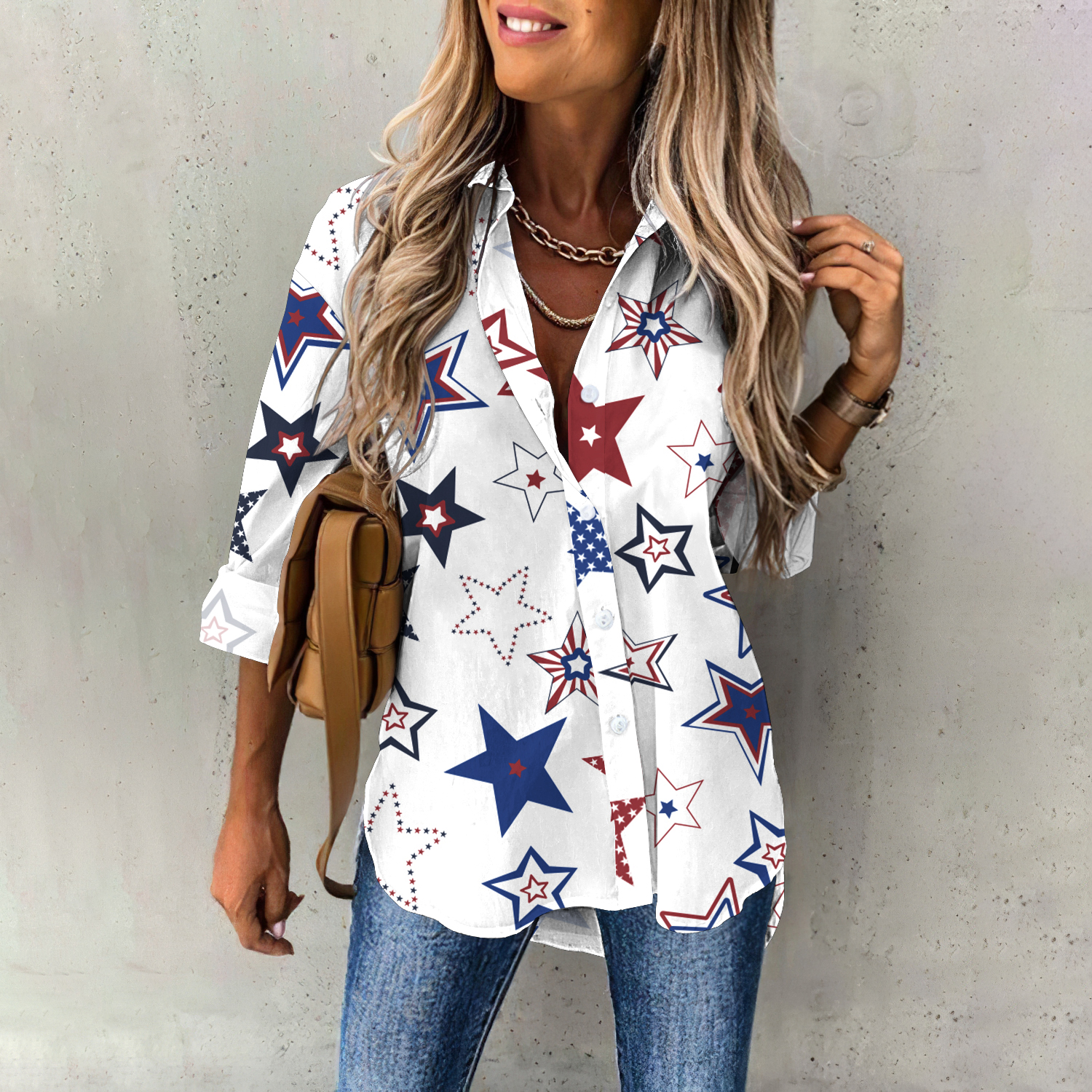 Comstylish American Flag Star Print Long Sleeve Shirt