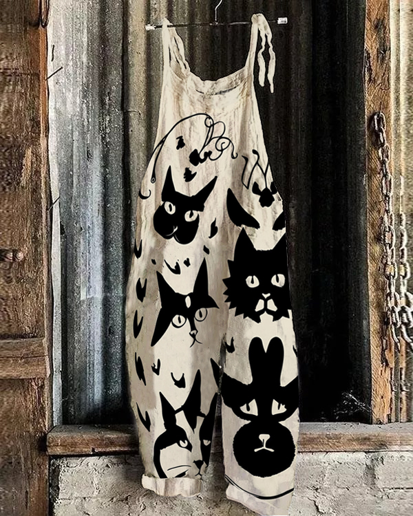 Black Cat Print Casual Jumpsuit