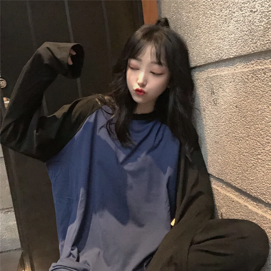 T-shirts Women Patchwork Long Sleeves Loose Street Wear Unisex Couple Ulzzang Stylish Designed All-match Fashion Chic Ins Simple