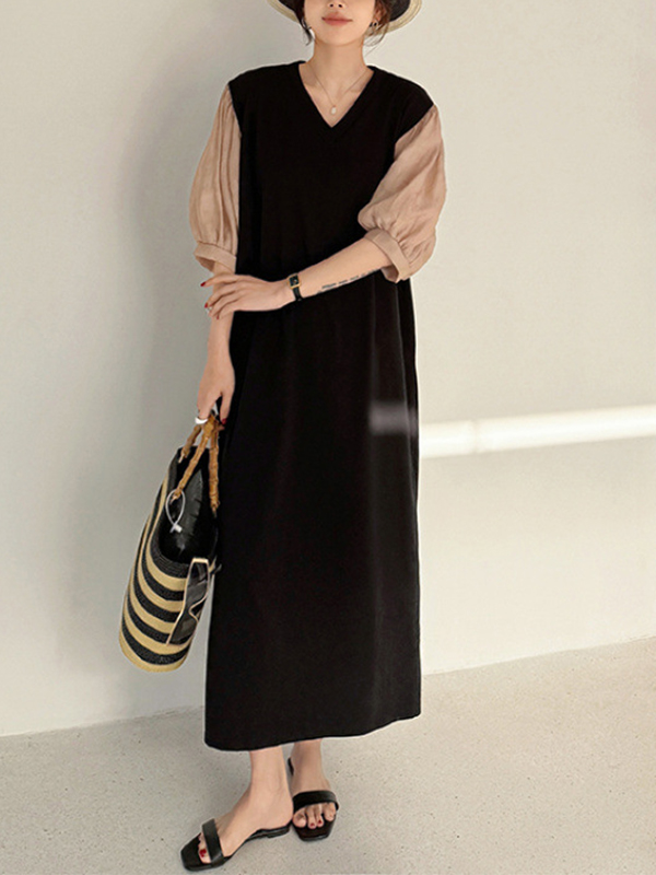 Contrast Three Quarter Sleeve V Neck Loose Maxi Dress