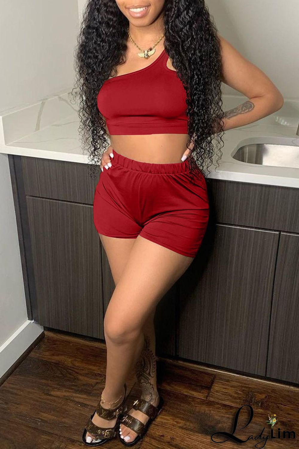 Red Sexy Solid Split Joint Asymmetrical Collar Two Pieces