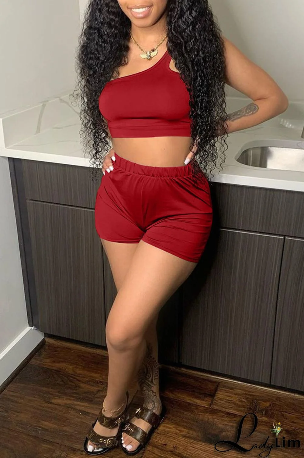 Red Sexy Solid Split Joint Asymmetrical Collar Two Pieces