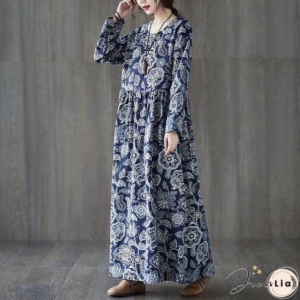 long sleeve cotton linen plus size vintage floral for women casual loose autumn dress
