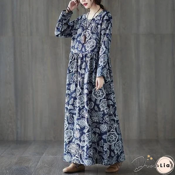 long sleeve cotton linen plus size vintage floral for women casual loose autumn dress