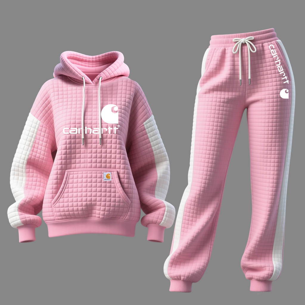 Women's Vintage Pink And White Waffle Knit Quilted Plaid Pocket Hoodie And Sweatpants Jogger Set
