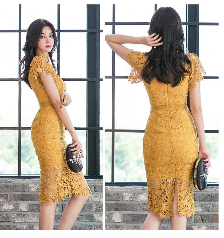 Elegant V-neck Slim Wrap Butt Lace Pencil Dress