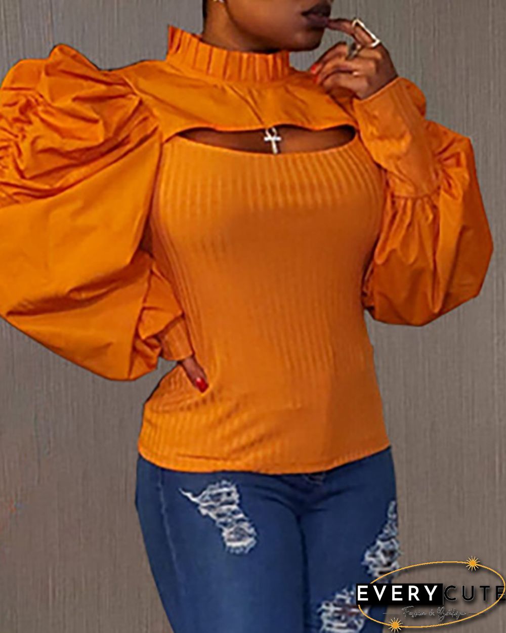 Plain Puff Sleeve Cutout Top